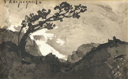 Henri Joseph HARPIGNIÈS (1819-1916) 
Menton, la Tour Malroude
Encre et lavis d'encre...