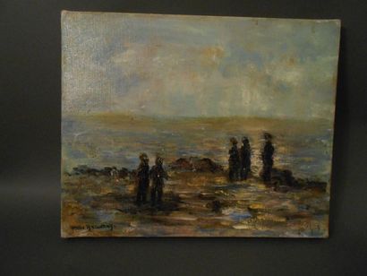 Pierre BEUNAY "Paysage de bord de mer anim de personnages" Huile sur toile 21,4 x...