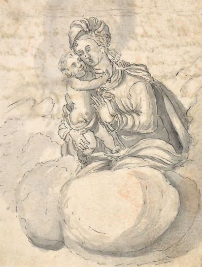 École ITALIENNE vers 1700 La Vierge à l'Enfant
Plume et encre noire, lavis gris.
19...