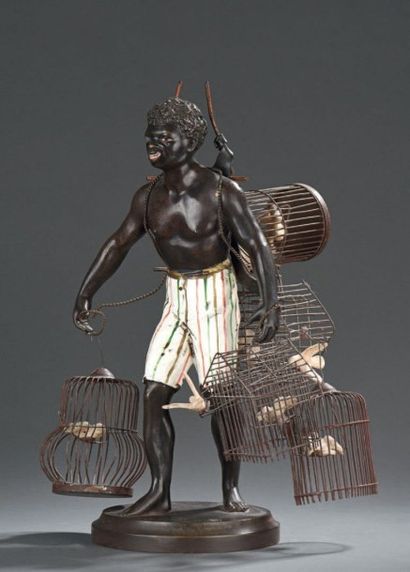 null L'oiseleur
Sujet en bronze de patine brune et peint, présente un personnage...