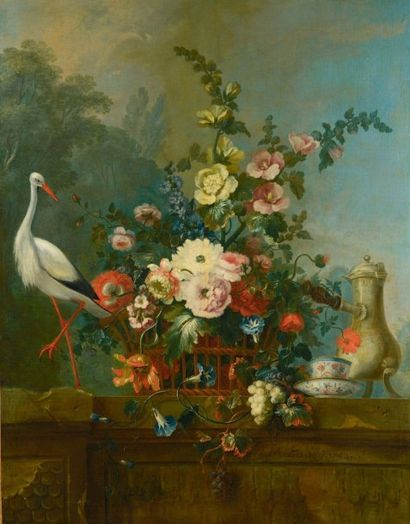 Jean-Marc LADEY (c. 1710-1749) Nature morte de fleurs, et une cigogne
Huile sur toile,...