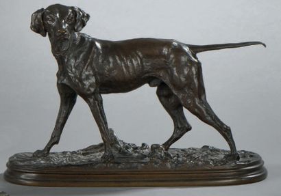 Pierre-Jules Mene (1810-1879) 
Chien d'arrêt
Bronze à patine brune, fonte de Barbedienne.
Signature...