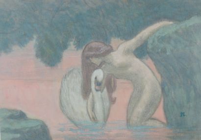 Jean-Francis AUBURTIN (1866-1930) 
Jeune femme au cygne
Pastel sur papier, monogrammé...