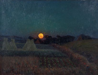 Henri BOUVET (1859-1945) 
Meules de foin au clair de lune
Huile sur toile, signé...