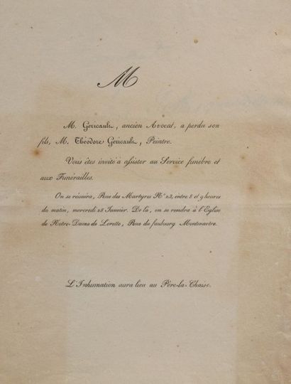 Théodore GERICAULT (1701-1824) 

Faire-part annonçant le décès du peintre

Théodore... Gazette Drouot