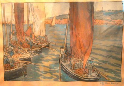 Henri RIVIERE (1864-1951) 

"Barques de pêche"

Lithographie en couleurs, signée...