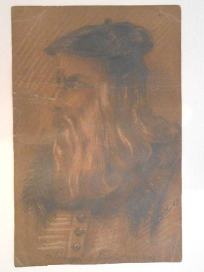 Louis-Michel HADENGUE (actif fin XIX° siècle) 

"Portrait de Léonard de Vinci "

Fusain...