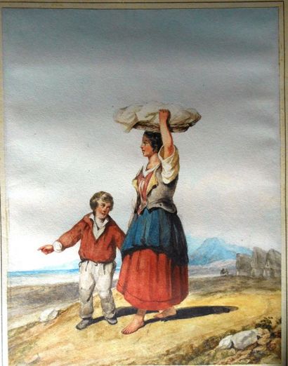 Ecole Italienne du XIXème siècle 

"Paysanne et son enfant"

Aquarelle sur papier

21...