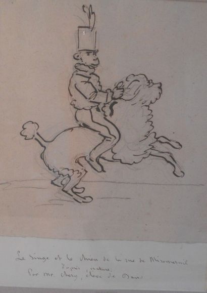 Louis CHERY (1791-?) 

"Le singe et le chiende la rue Miromesnil d'après nature"

Encre...