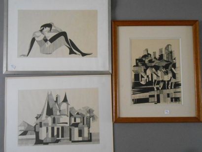 Denise ORLAT-DURANT 

lot de 9 dessins comprenant :

- "Composition", collage signé...