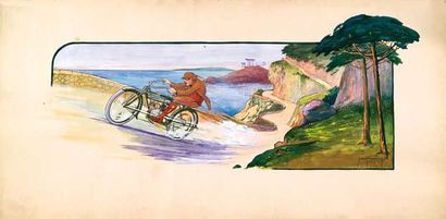 H .-L. ROOWY (XIX-XXe siècle). La Motosacoche. Crayon, aquarelle Signé, daté 4-13...