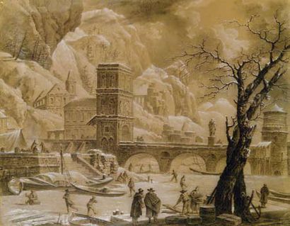 Charles-Louis-François LE CARPENTIER (1744-1822) Paysage d'hiver animé de personnages....