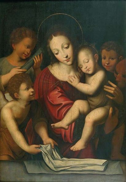 Atelier de Bernardino LUINI (1480 - 1532). Le sommeil de l'enfant Jésus. Huile sur...