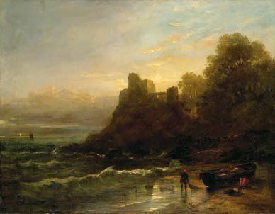 Edmund Thornton CRAWFORD (1806-1885) Pêcheur au pied d'un château en ruine. Huile...