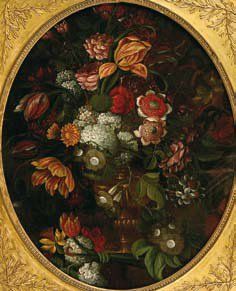 Ecole française dans le goût du XVIIe siècle. Bouquet de fleurs dans un vase. Huile...