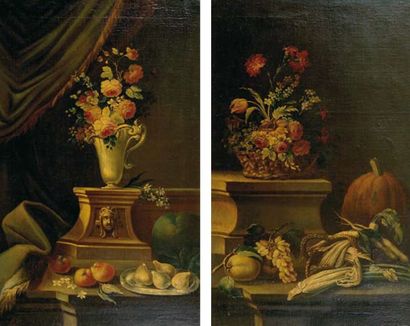 Ecole française du XIXe siècle. Deux natures mortes de fruits, fleurs et légumes...