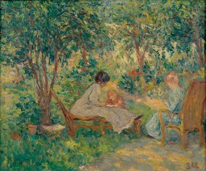 Georges d'ESPAGNAT (1870-1950) Au jardin. Huile sur toile signée en bas à droite....