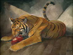 Georges-Lucien GUYOT (1885-1973) Tigresse dévorant un morceau de viande. Huile sur...