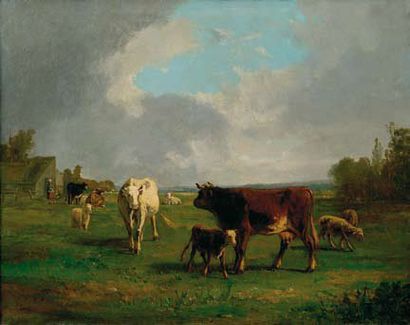 André CORTES (1810-1879). Vaches au pré. Huile sur toile. Signée en bas à gauche....