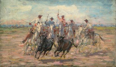 Eugène CARTIER (1861-1943) Gardiens aux taureaux Huile sur toile non signée. 27 x...