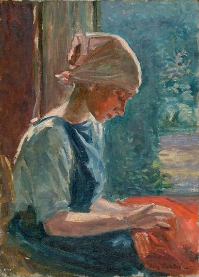 Eugène CARTIER (1861-1943) Jeune fille brodant Huile sur toile signée en bas à droite....