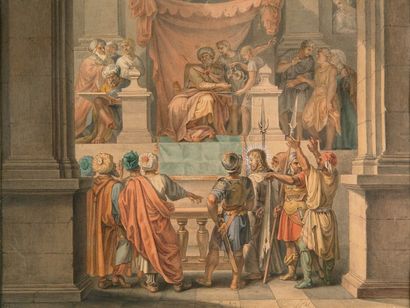 Ecole Italienne du XIXe siècle Le Christ devant Pilate Encre, aquarelle et rehauts...