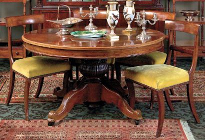 null Grande table ovale en acajou à fût central décoré de feuillages et quatre pieds...