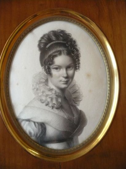 null Miniature ovale Portrait de jeune fille Crayon noir. 13,5 x 10,3 cm Encadrement...