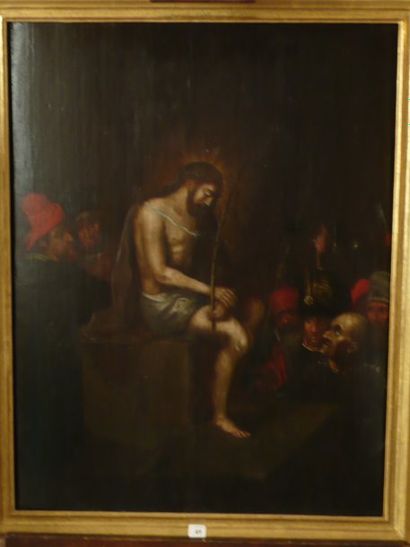 École flamande du XVIIe siècle. Le Christ moqué Huile sur panneau. 64 x 48,8 cm
