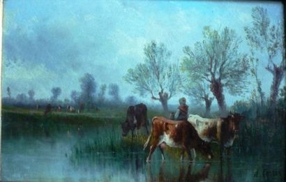 CORTES André, attribué à. (1850 - 1880) Paysanne et son troupeau. Huile sur panneau....