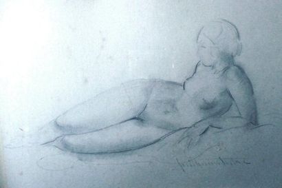 DULAC Guillaume (1868-1929) Nu allongé. Dessin au crayon et estompe, signé en bas...