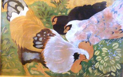 MANZANA-PISSARRO Georges (1871-1961) Coq et deux poules. Pochoir à fond or et argent,...