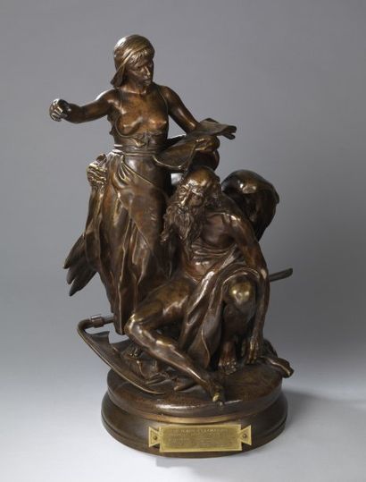 PARIS Auguste (1850-1915) Le Temps et la Chanson Bronze à patine brune signé, fonte...