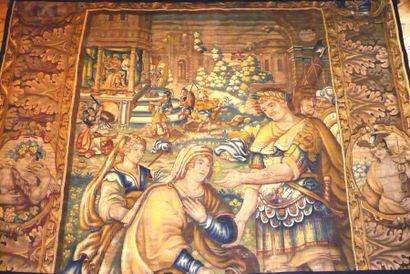  Fragment de tapisserie en laine et soie. La femme de Darius devant Alexandre. Larges...