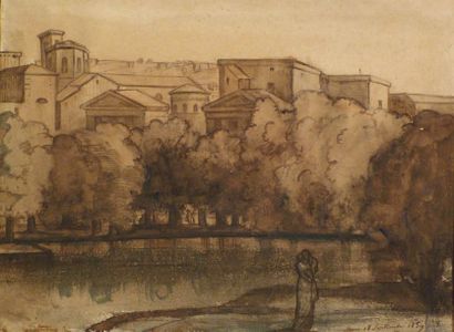 Ecole française du XIXème siècle Paysage classique animé. Plume et encre brune sur...