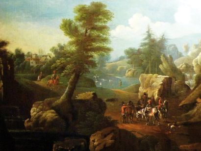 Ecole d'Europe de l'Est du XVIIIe siècle Halte de cavaliers dans un paysage. Toile....