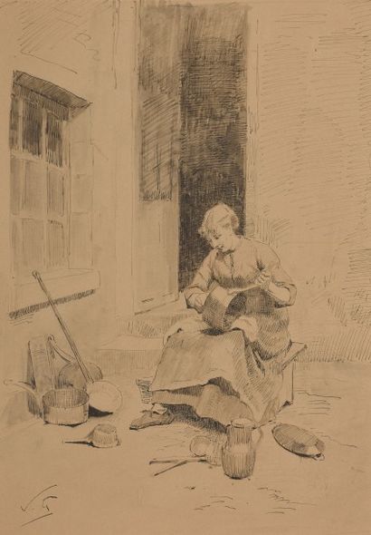 null Victor GILBERT (1847-1933)

"Jeune femme étamant les cuivres"

Plume et lavis...