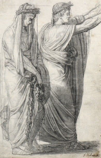 Jean-Baptiste DEBRET (Paris 1768-1848) 
Deux figures à l'antique, couronnées de lauriers
Pierre...