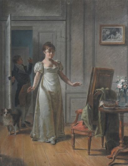 École FRANÇAISE du début du XIXe siècle 
Jeune femme découvrant son portrait
Pastel.
53...