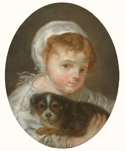 École Française du XIXe siècle 
Un jeune enfant qui joue avec son chien Pastel ovale.
45,5...