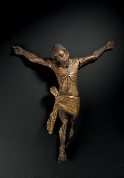 Art baroque hispano-guarani 
Christ en croix
Statuette en bois polychrome et textile....