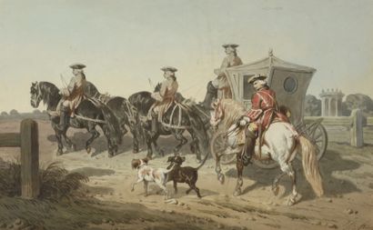 Théodore FORT (? 1810 -? 1896) 
Le départ de la voiture à cheval
Aquarelle.
18,5...