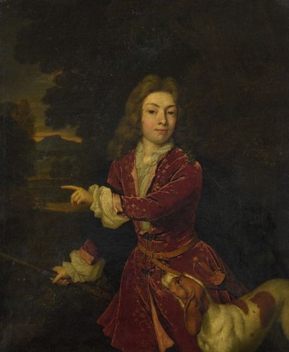 Caspar NETSCHER (Heidelberg 1635 - La Haye 1684) 
Le jeune chasseur et son chien
Toile.
51,5...