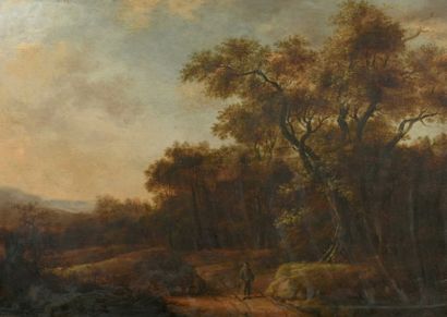 Attribué à Jacob Salomonsz van RUYSDAEL (1629-1681) 
Paysage de forêt avec un promeneur
Panneau...