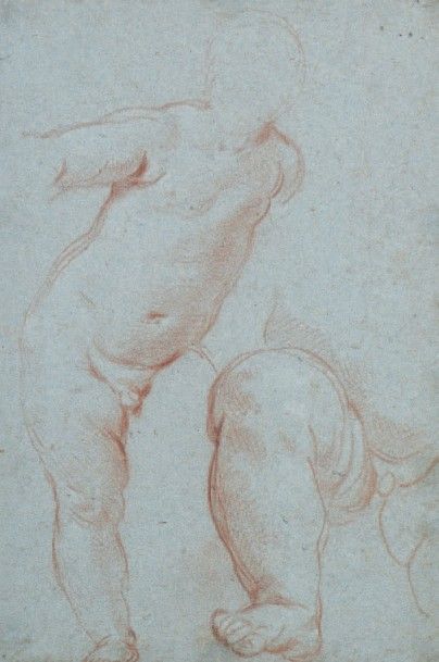 Ecole Italienne du XVIIIe siècle 
Étude d'un enfant nu et d'une jambe d'enfant
Sanguine...
