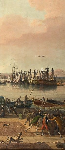 Attribué à Jean-François HUE (1751-1823) 
Scène d'émeute dans le port de Toulon
Toile.
167...