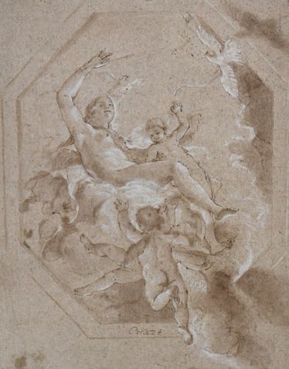 Attribué à Giovanni Battista CROSATO (1686-1756) 
Vénus entourée de putti et de colombes
Plume...