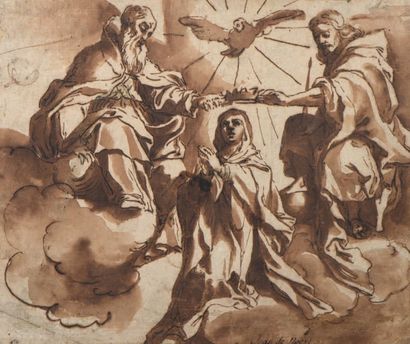 Attribué à Juan de NOORDT (? - Madrid 1652) 
La Vierge couronnée par la Sainte Trinité
Plume...