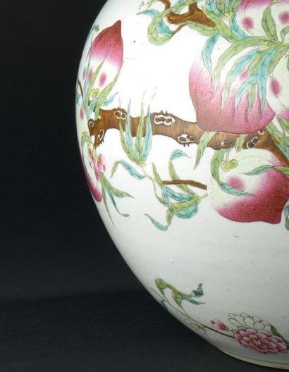CHINE - XIXe siècle Vase de forme «tianqiuping» (sphère céleste) en porcelaine décorée...