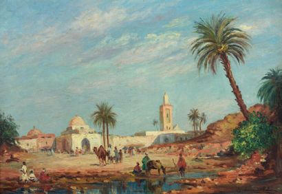 Léon GIORDANO DI PALMA (1866-?) Abords d'une ville arabe
Huile sur toile signée en...